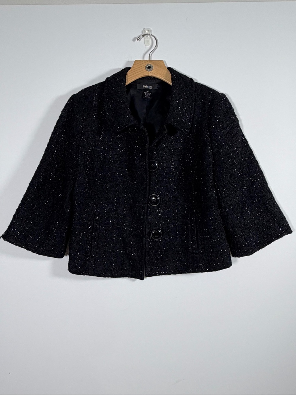 Style & Co. Black Textured Button-Front Cropped Jacket